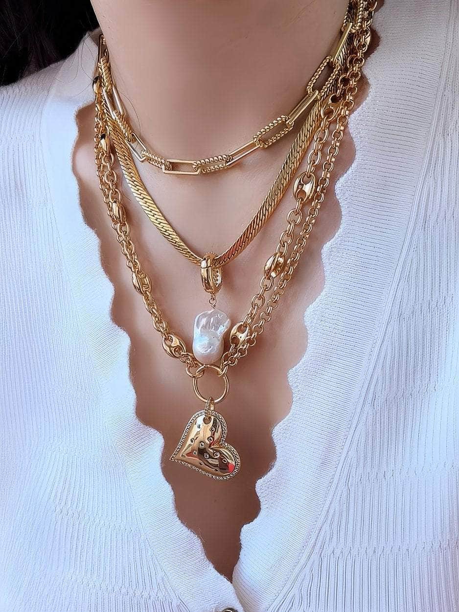 Double Chain Heart Shaped Pendant Baroque Pearl Accent Necklace Gold / Necklace