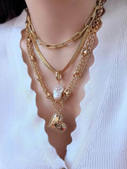 Double Chain Heart Shaped Pendant Baroque Pearl Accent Necklace Gold / Necklace