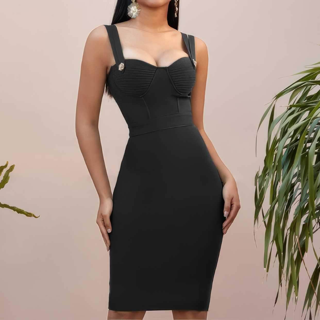 Double Strap Corset Bandage Midi Dress XS / Black