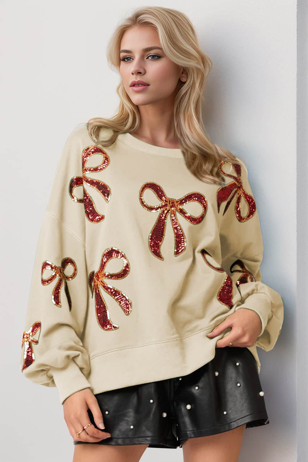 Double Take Christmas Bow Sequin Round Neck Dropped Shoulder Sweatshirt Cream / S
