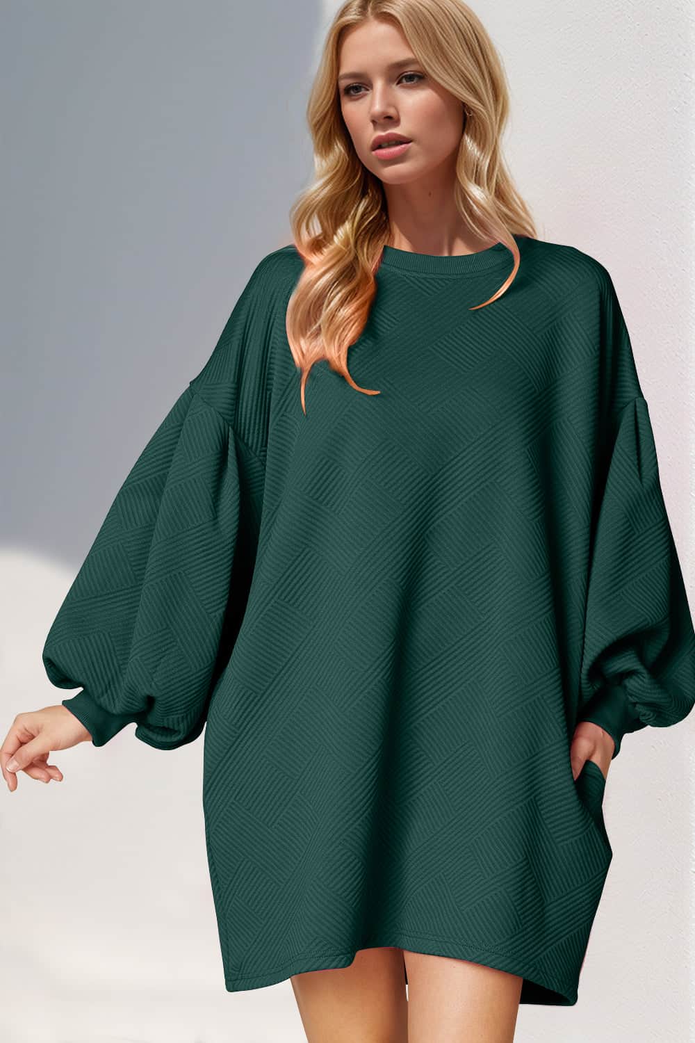 Double Take Drop Shoulder Lantern Sleeve Texture Mini Dress with Pockets Dark Green / S