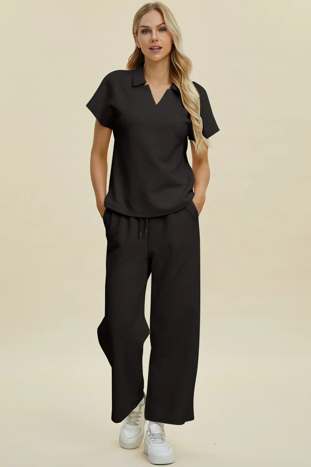 Double Take Full Size Collared Neck Short Sleeve Top and Pants Set Black / S