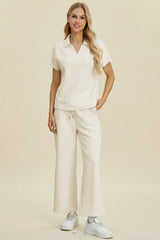 Double Take Full Size Collared Neck Short Sleeve Top and Pants Set Cream / S