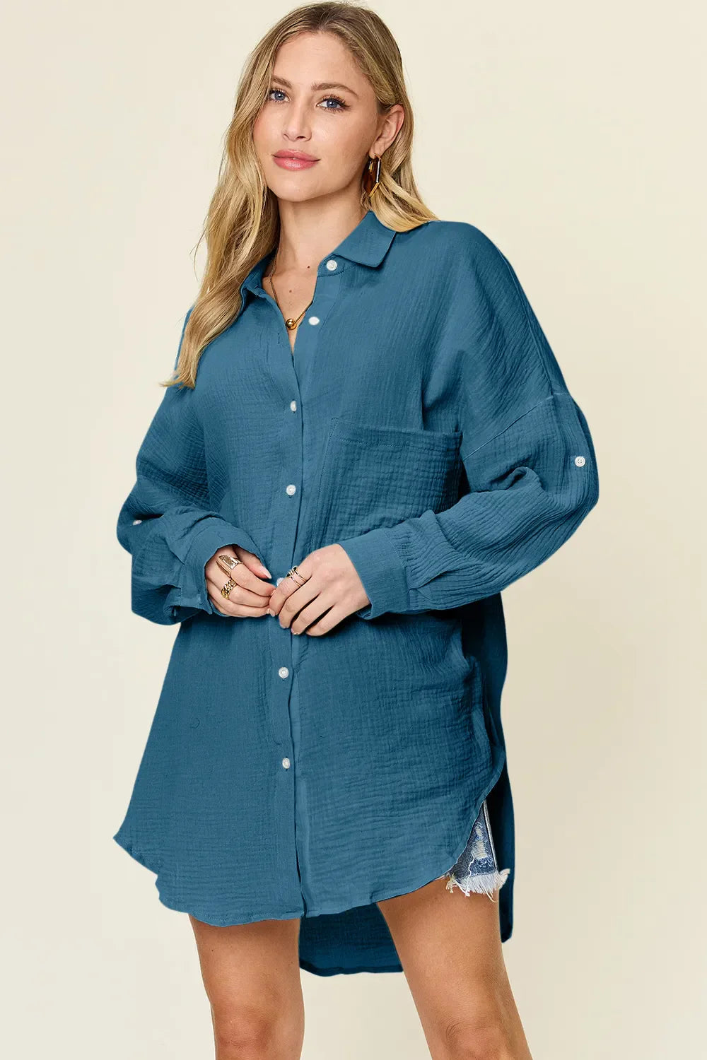 Double Take Full Size Pocketed Texture Button Up Shirt Dark Blue / S