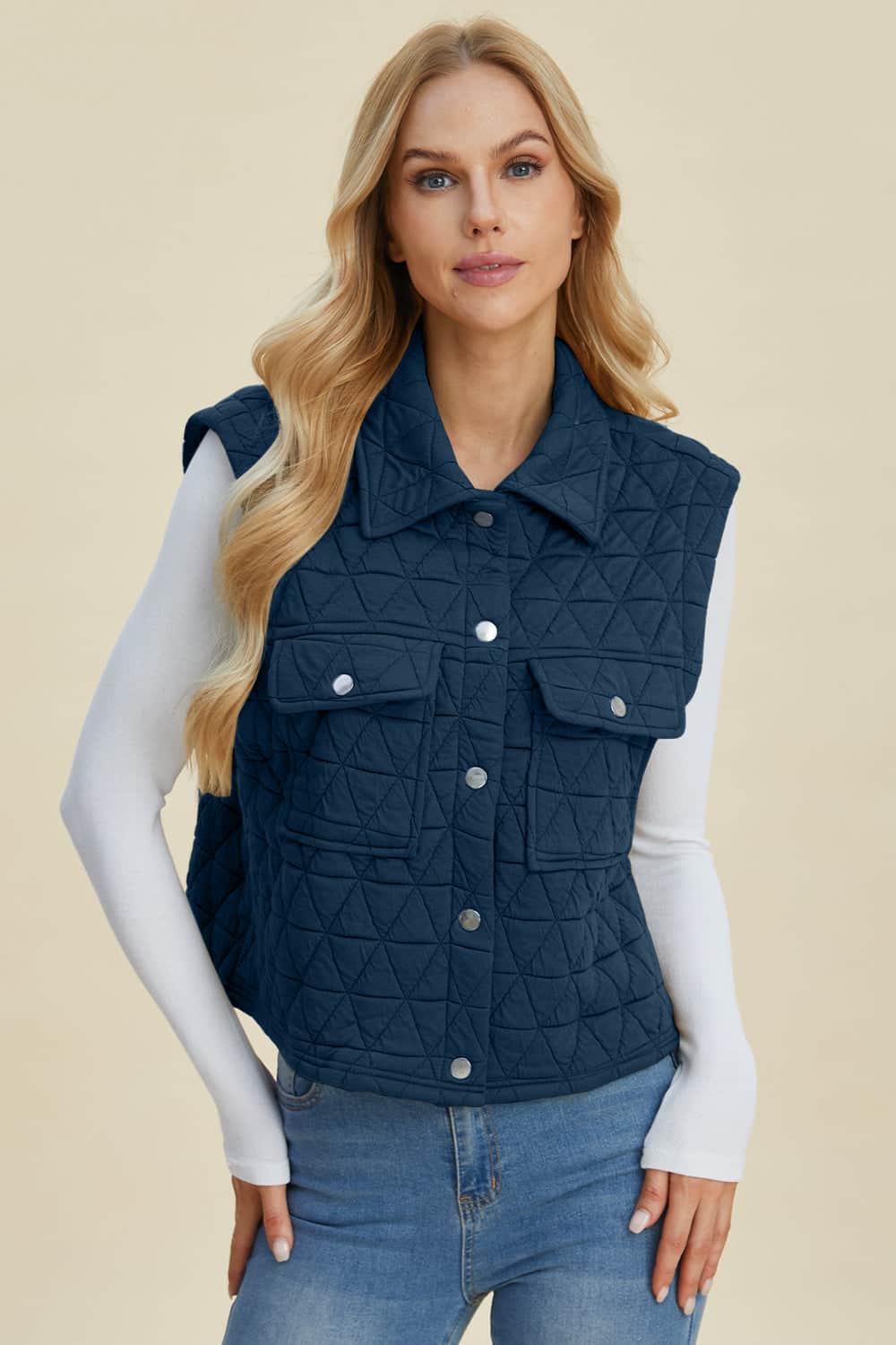 Double Take Full Size Pocketed Texture Snap Down Vest Coat Peacock  Blue / S