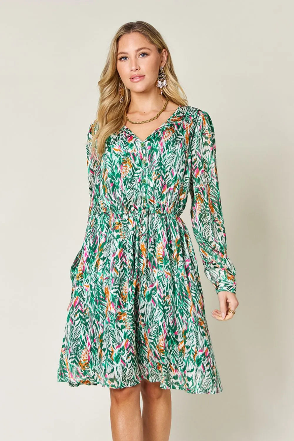 Double Take Full Size Printed Drawstring Waist Long Sleeve Dress Turquoise / S