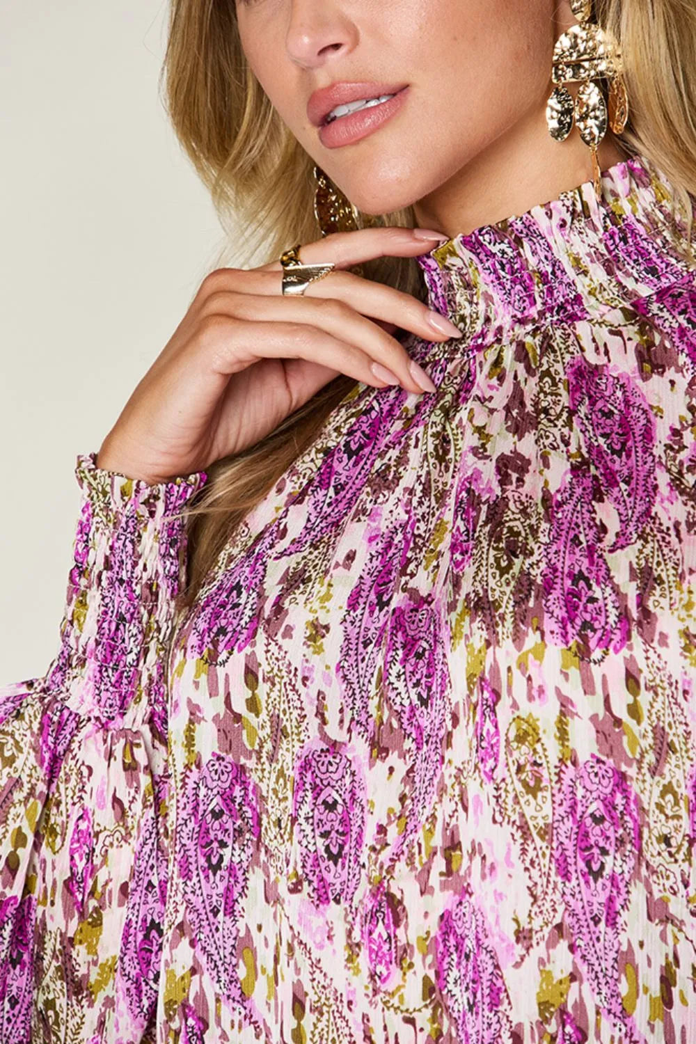 Double Take Full Size Printed Smocked Long Sleeve Blouse