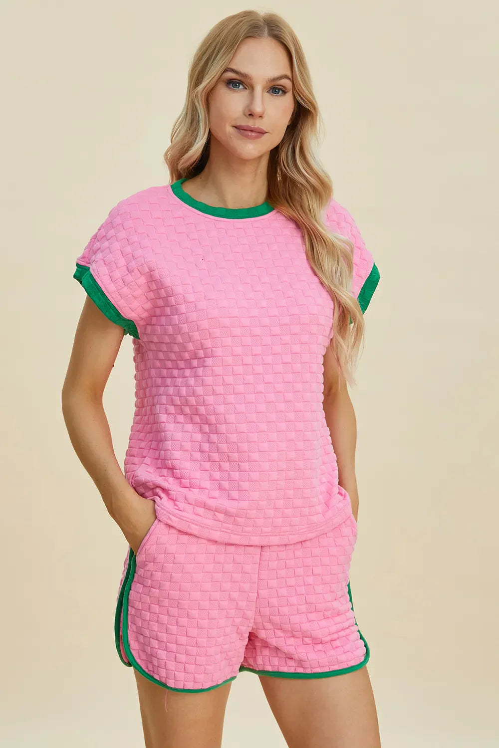 Double Take Full Size Texture Contrast T-Shirt and Shorts Set Pink / S