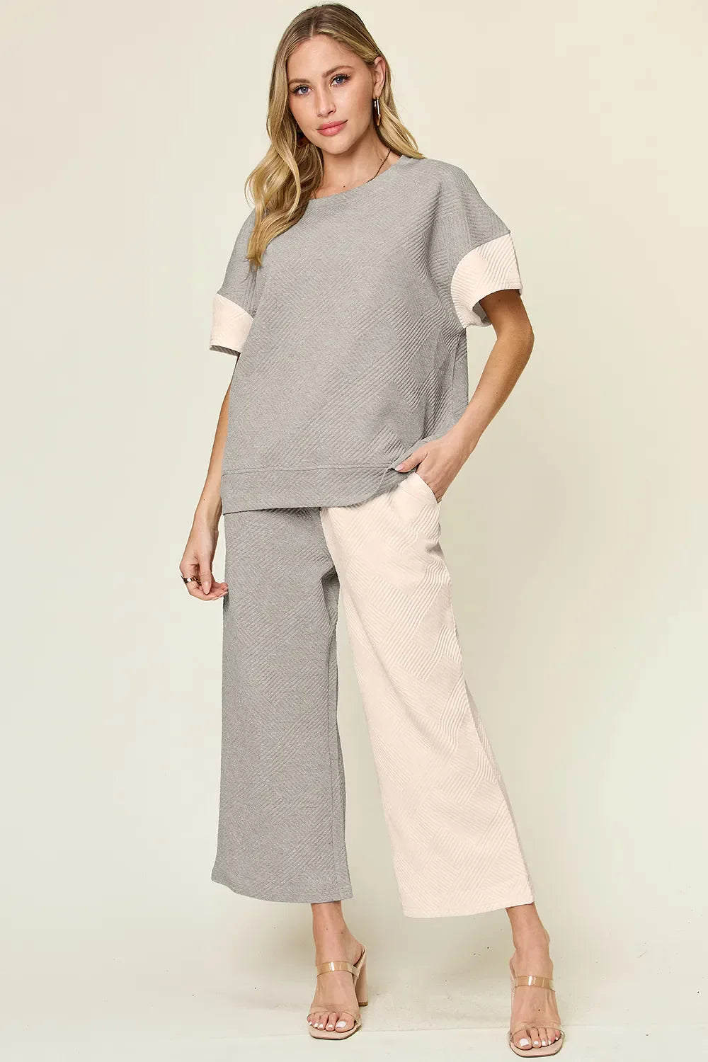 Double Take Full Size Texture Contrast T-Shirt and Wide Leg Pants Set Light Gray / S