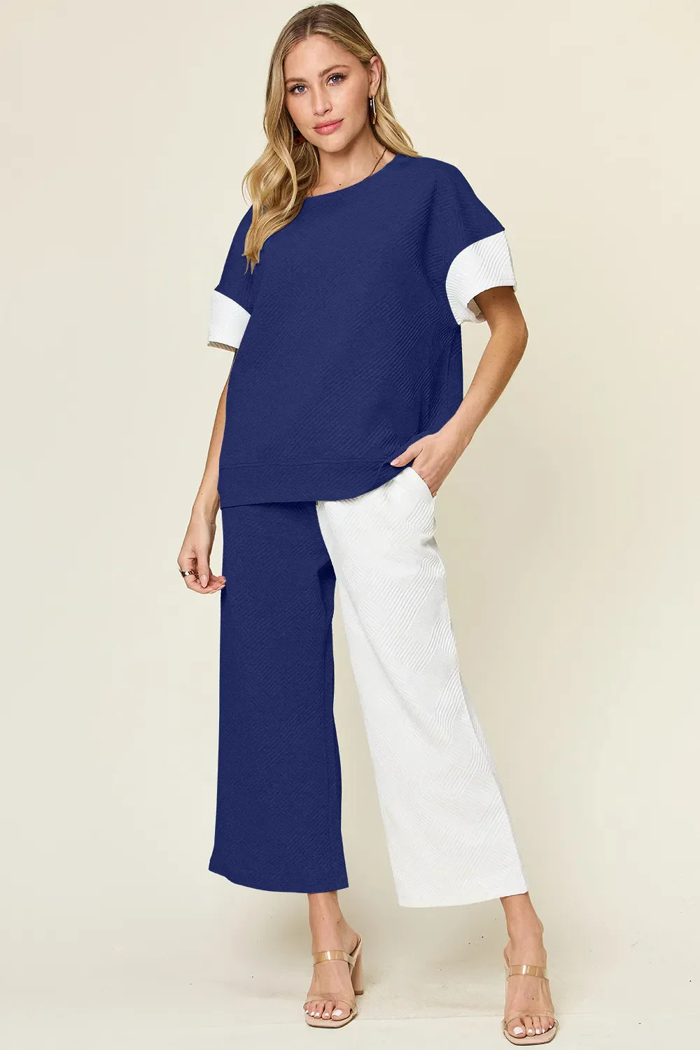 Double Take Full Size Texture Contrast T-Shirt and Wide Leg Pants Set Royal Blue / S