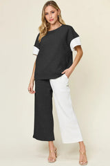 Double Take Full Size Texture Contrast T-Shirt and Wide Leg Pants Set White / S