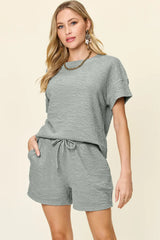 Double Take Full Size Texture Short Sleeve T-Shirt and Drawstring Shorts Set Cloudy Blue / S