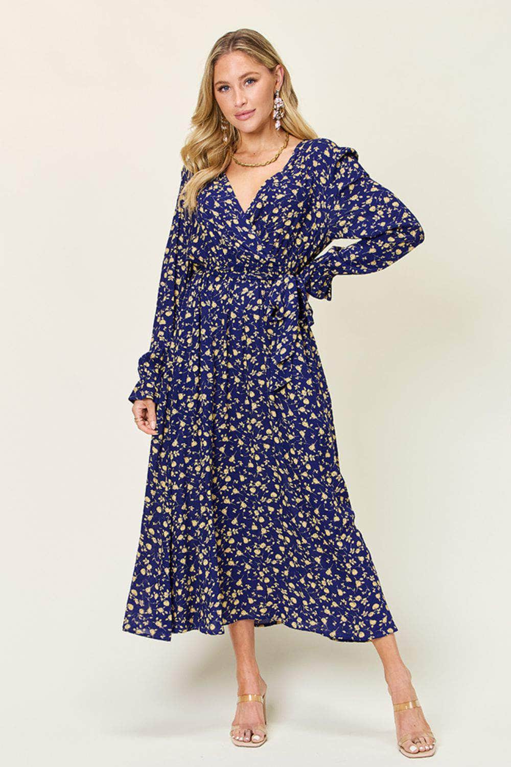 Double Take Full Size Tie Back Flounce Sleeve Dress Navy / S