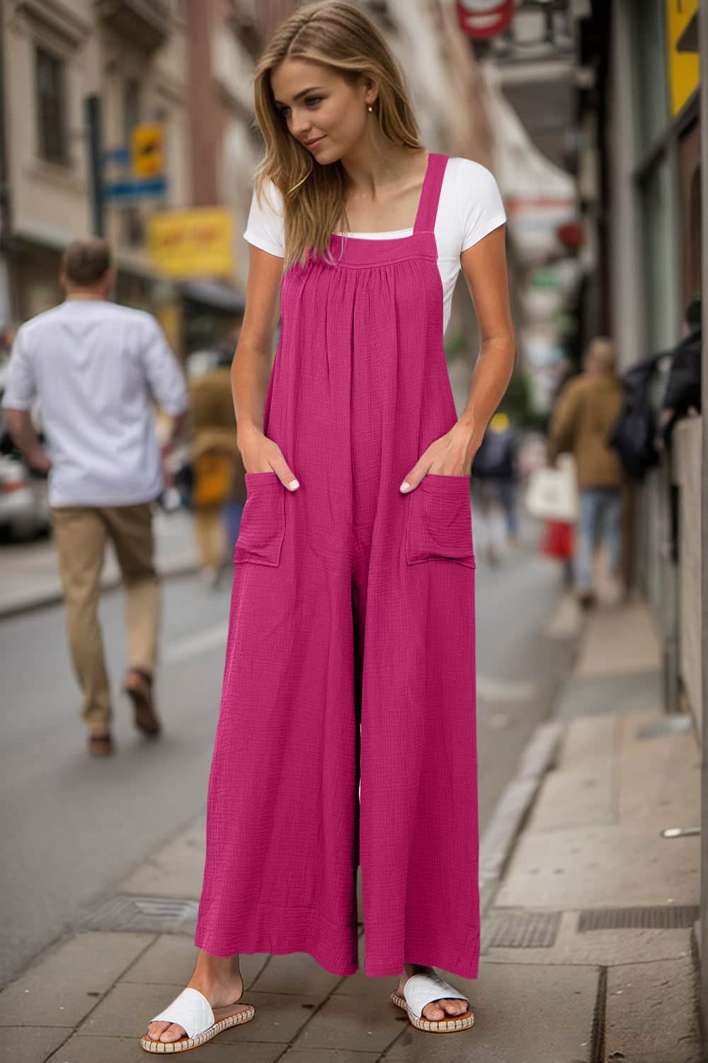 Double Take Full Size Wide Leg Overalls with Pockets Hot Pink / S