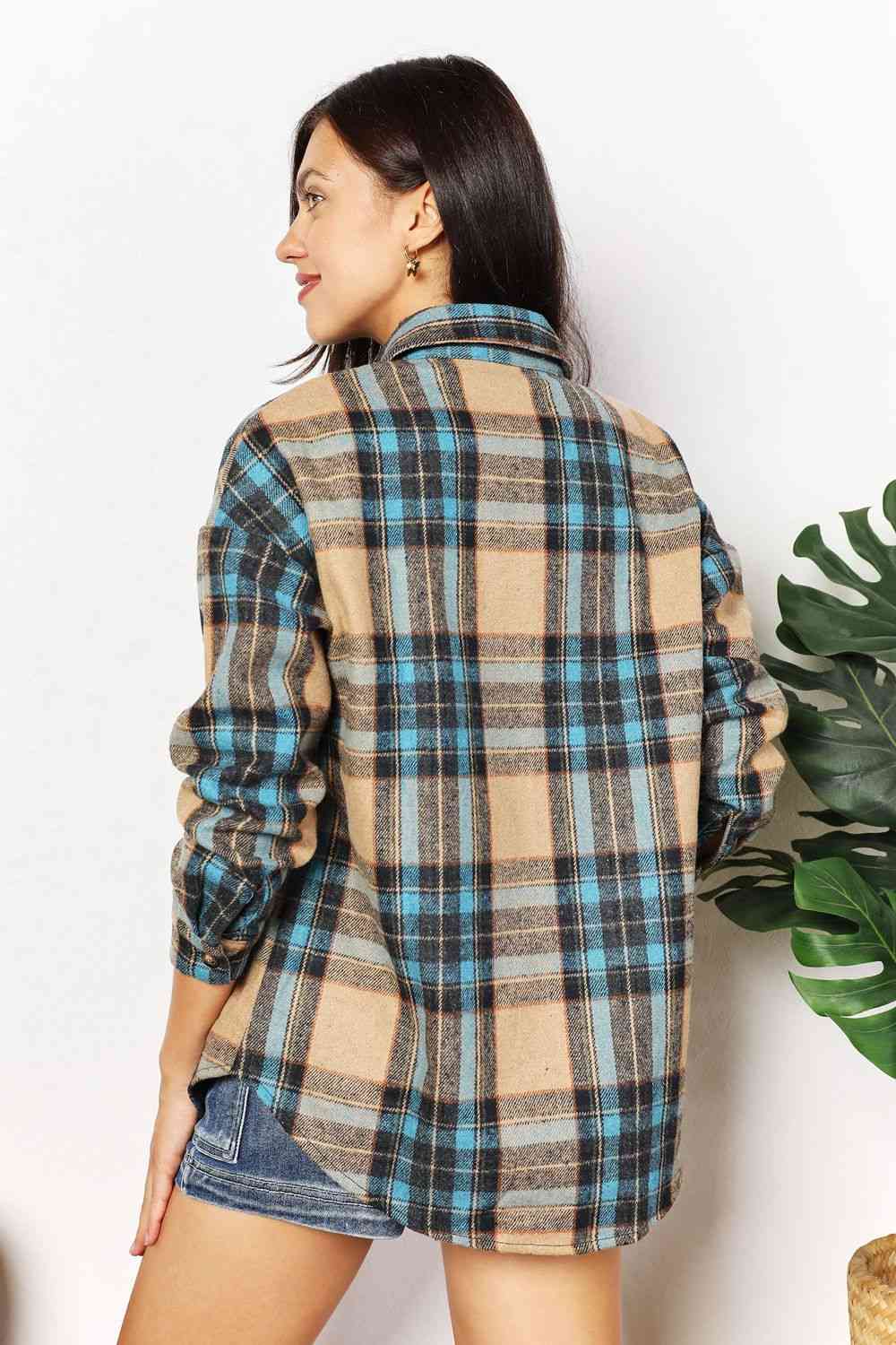 Double Take Plaid Curved Hem Shirt Jacket with Breast Pockets
