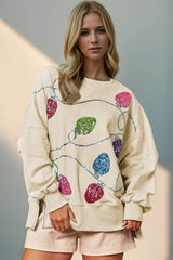 Double Take Slit Sequin Round Neck Long Sleeve Sweatshirt Cream / S