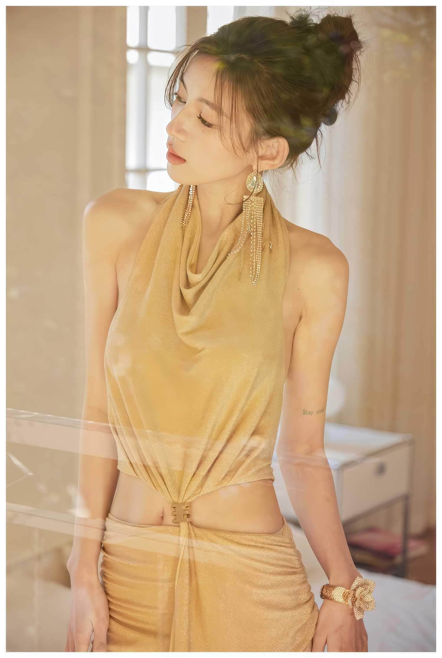 Draped Halter Neck Cutout High Slit Dress