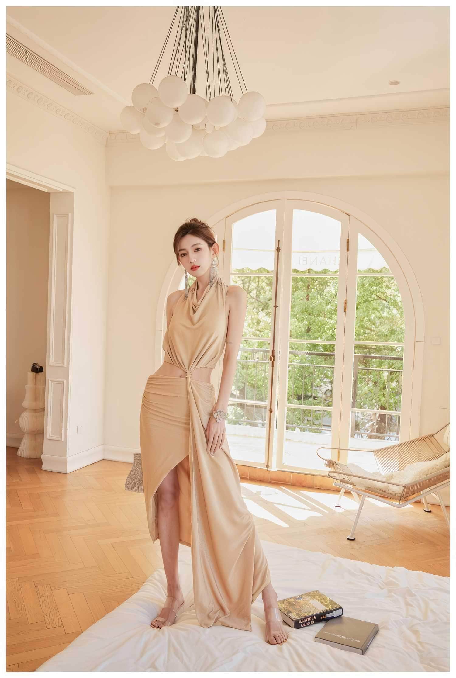 Draped Halter Neck Cutout High Slit Dress