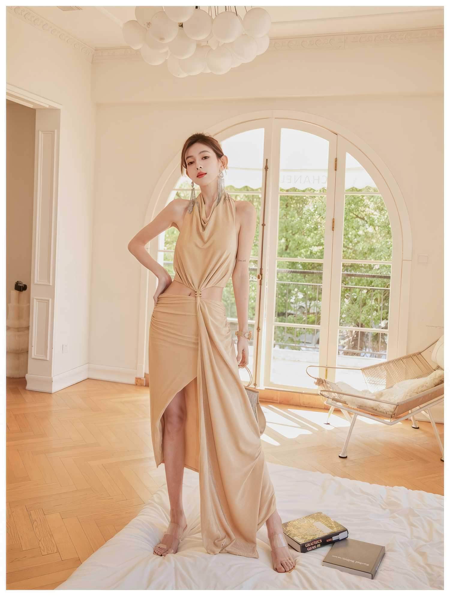 Draped Halter Neck Cutout High Slit Dress