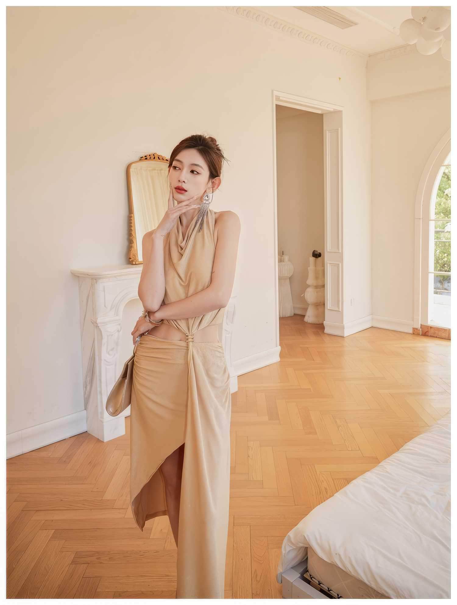 Draped Halter Neck Cutout High Slit Dress