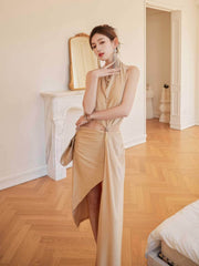 Draped Halter Neck Cutout High Slit Dress