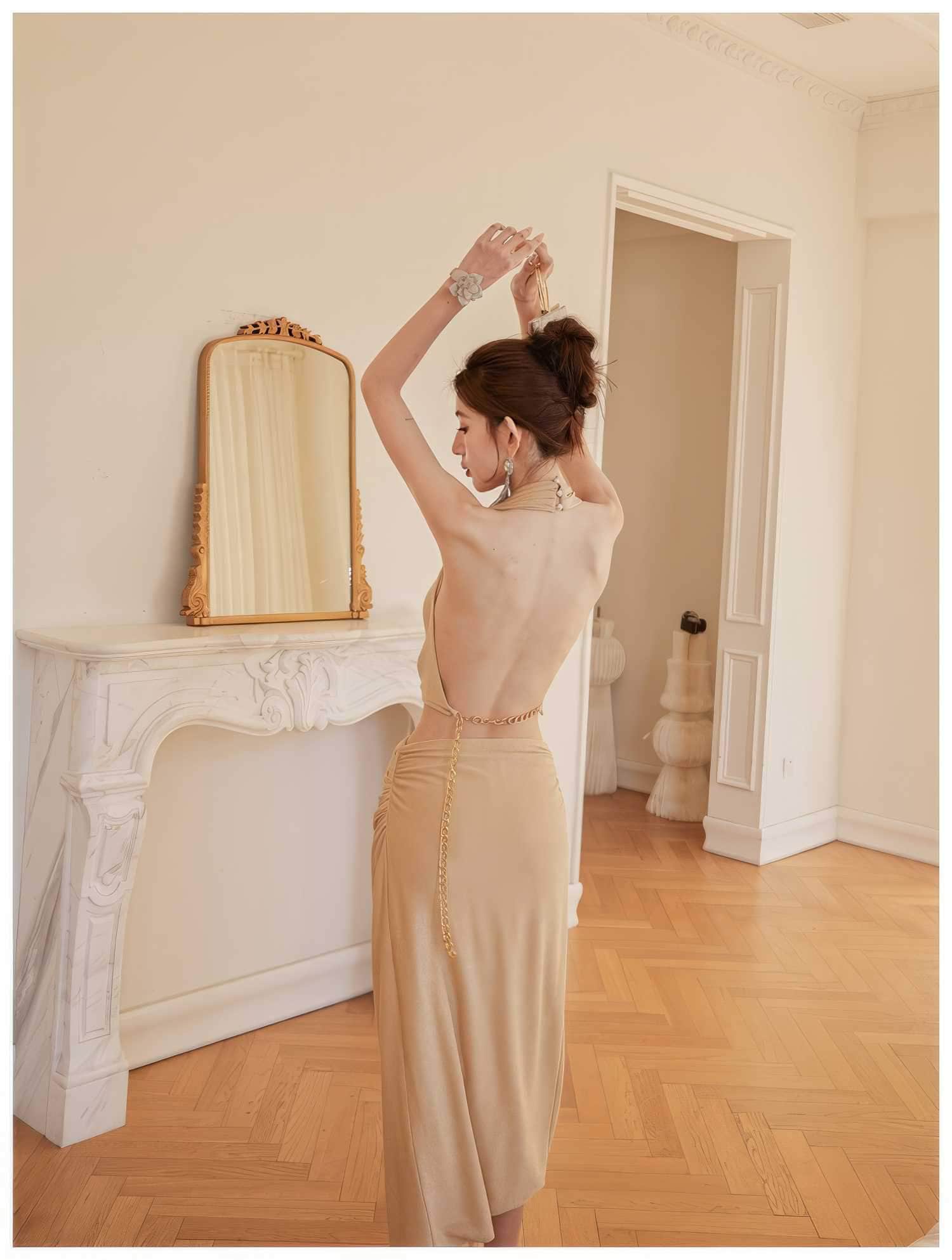 Draped Halter Neck Cutout High Slit Dress
