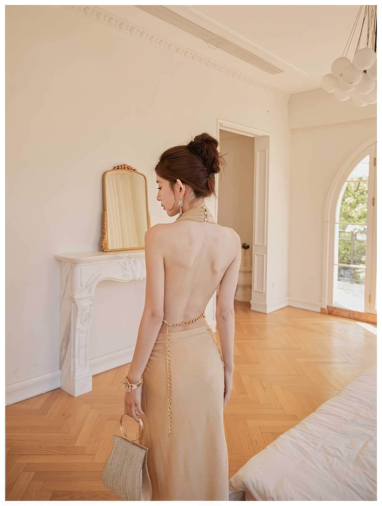 Draped Halter Neck Cutout High Slit Dress