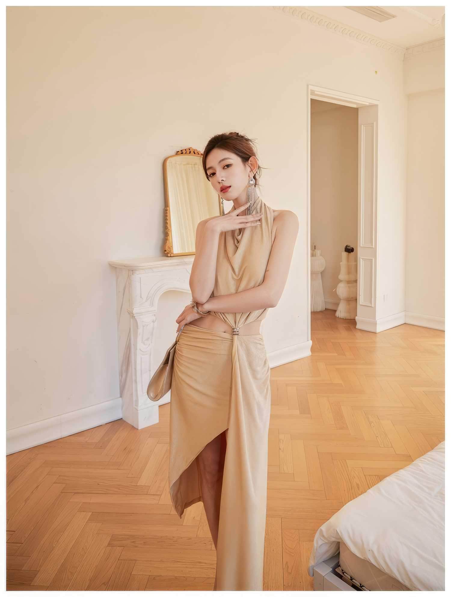 Draped Halter Neck Cutout High Slit Dress