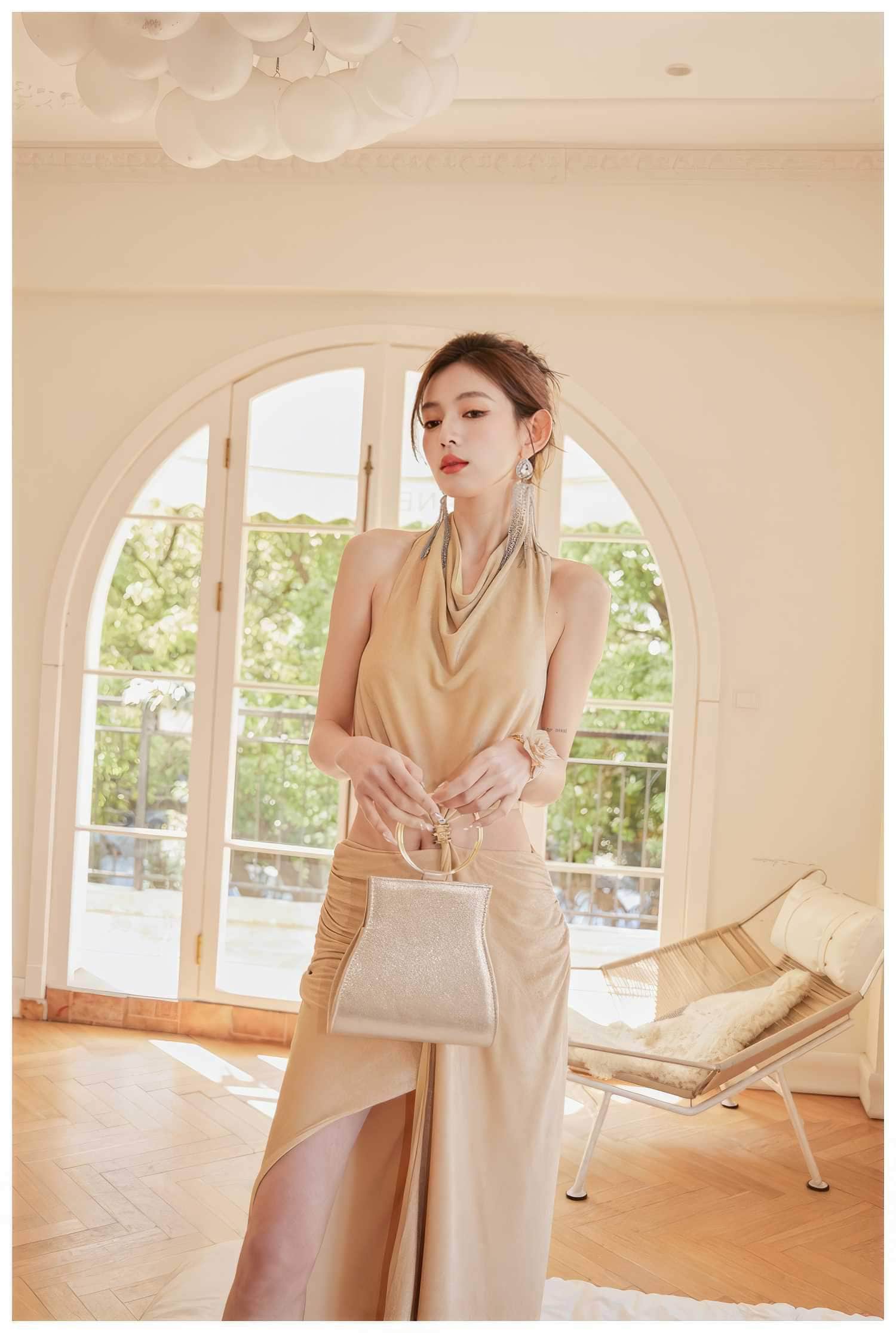 Draped Halter Neck Cutout High Slit Dress