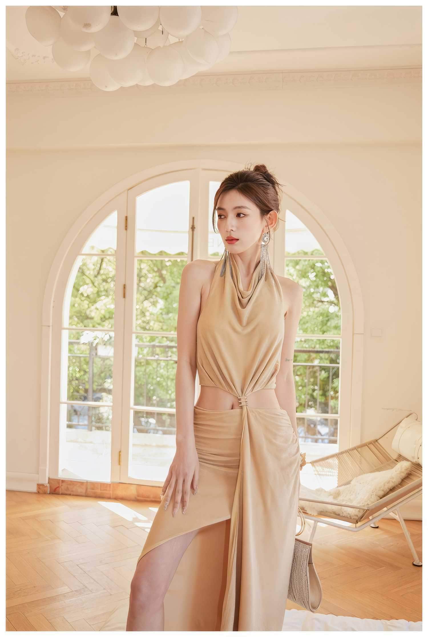 Draped Halter Neck Cutout High Slit Dress