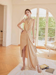 Draped Halter Neck Cutout High Slit Dress XS / PeachPuff