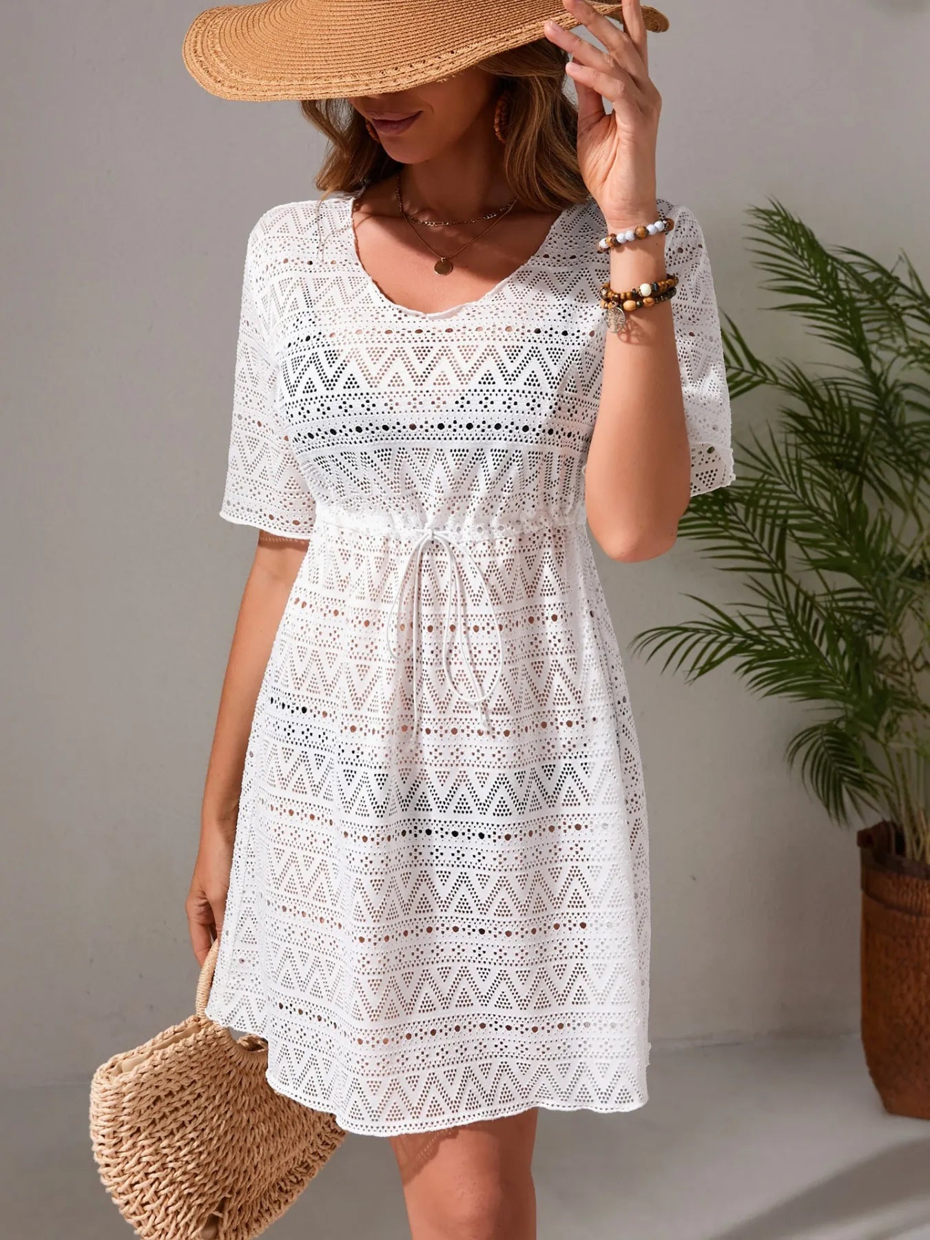 Drawstring Hollow Out Short Sleeve Cover-Up Dress White / One Size