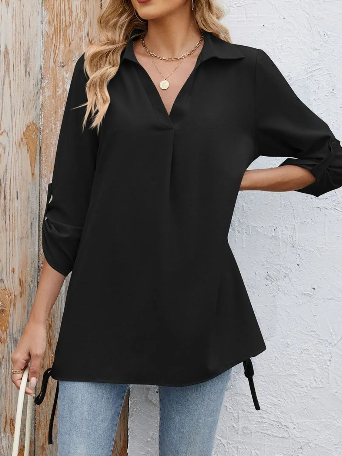 Drawstring Johnny Collared Three-Quarter Sleeve Top