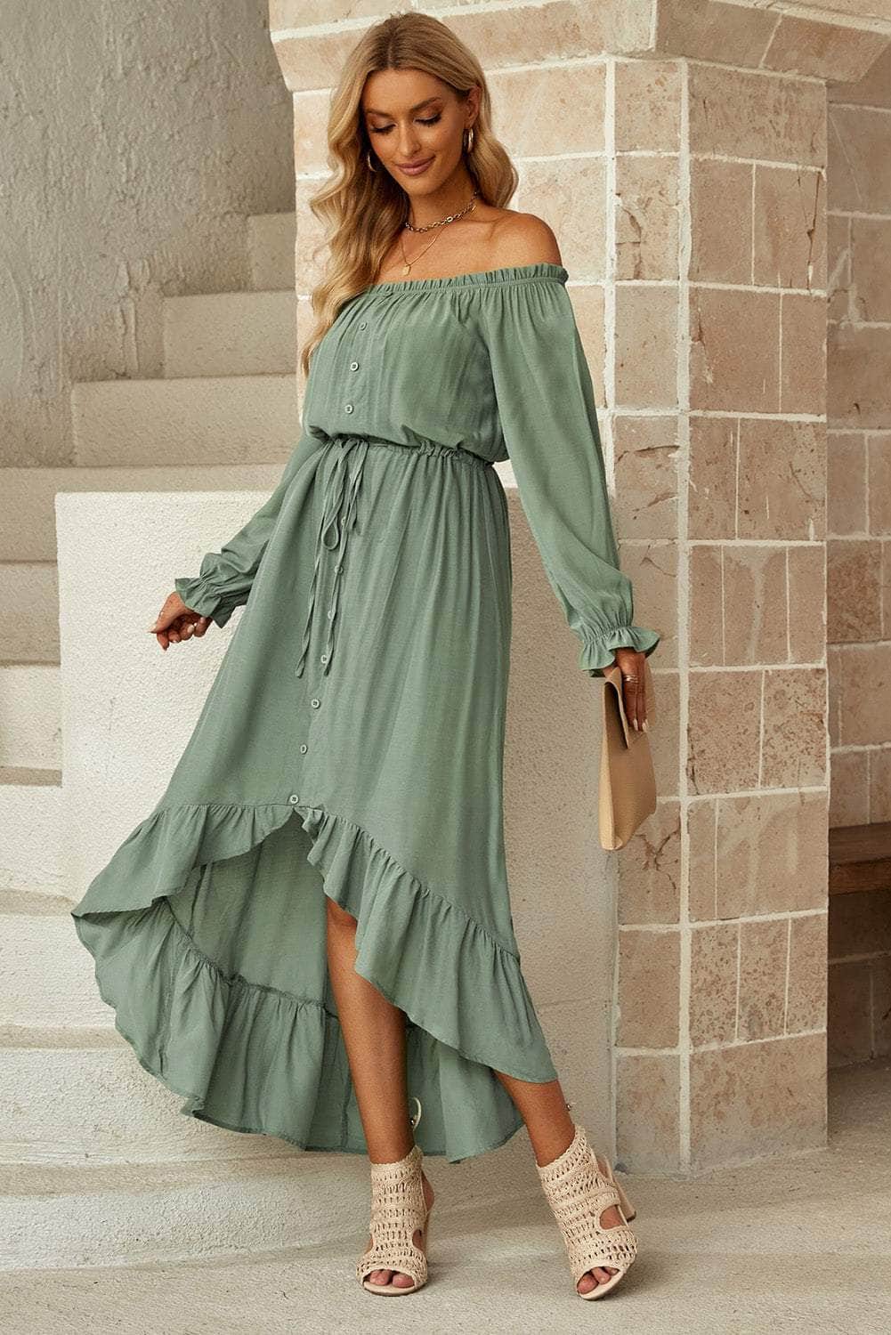 Drawstring Off-Shoulder Flounce Sleeve Dress Sage / XS