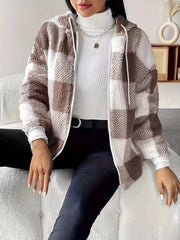 Drawstring Plaid Sherpa Zip-Up Hoodie