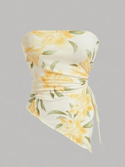 Drawstring Printed Tube Top Yellow Print / XS