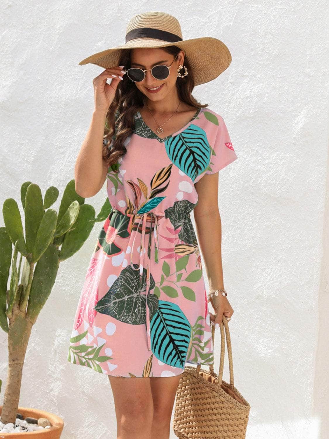 Drawstring Printed V-Neck Mini Dress Blush Pink / S