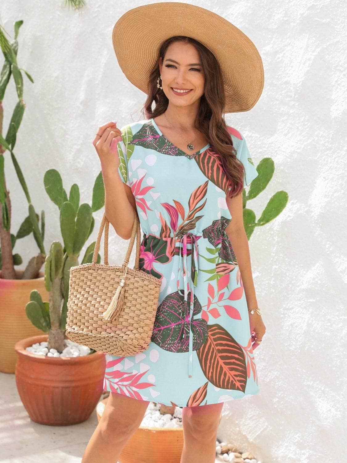 Drawstring Printed V-Neck Mini Dress Misty  Blue / S