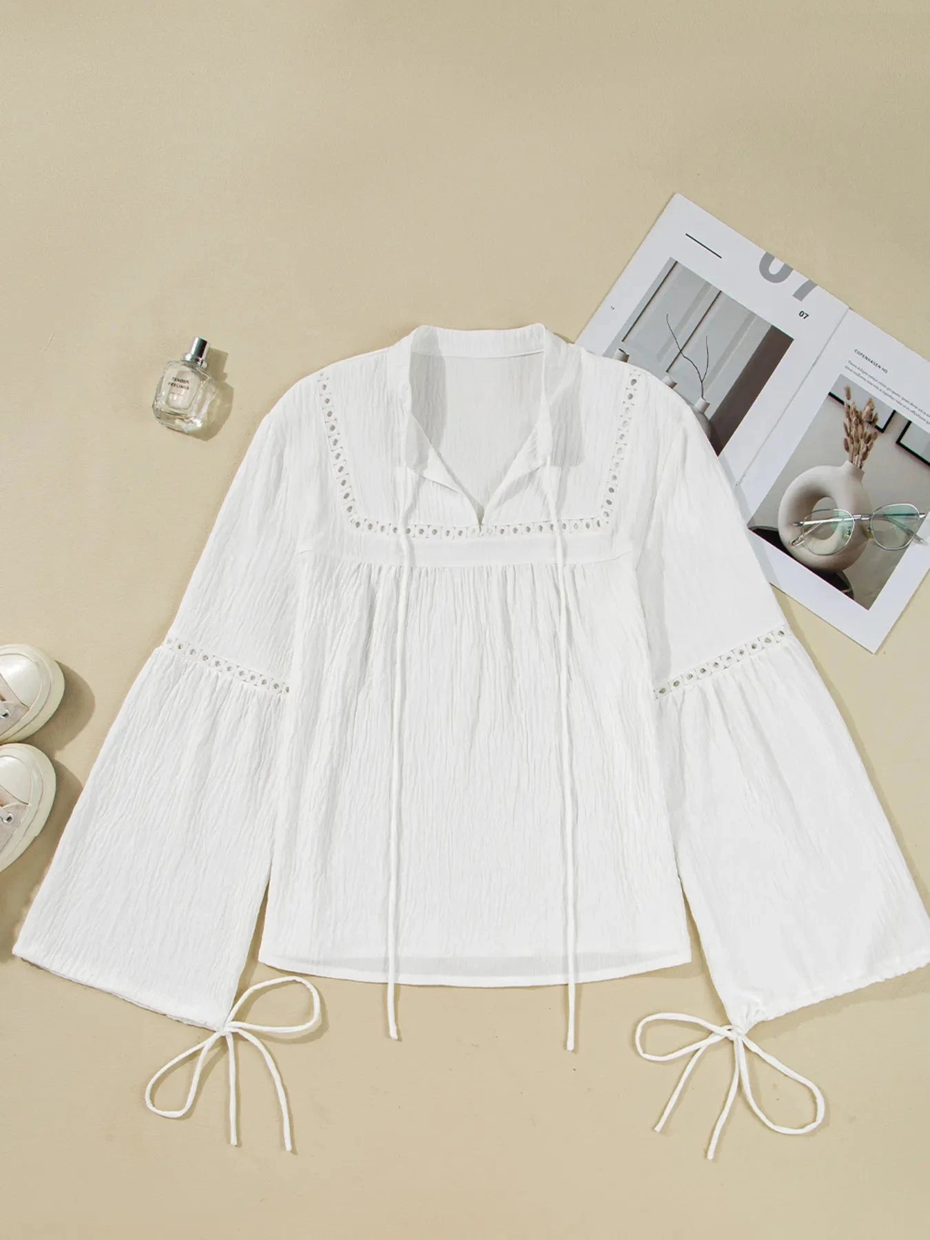 Drawstring Puff Sleeve Tie Neck Blouse