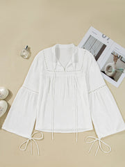 Drawstring Puff Sleeve Tie Neck Blouse