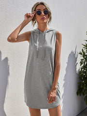 Drawstring Sleeveless Hooded Mini Dress Gray / M