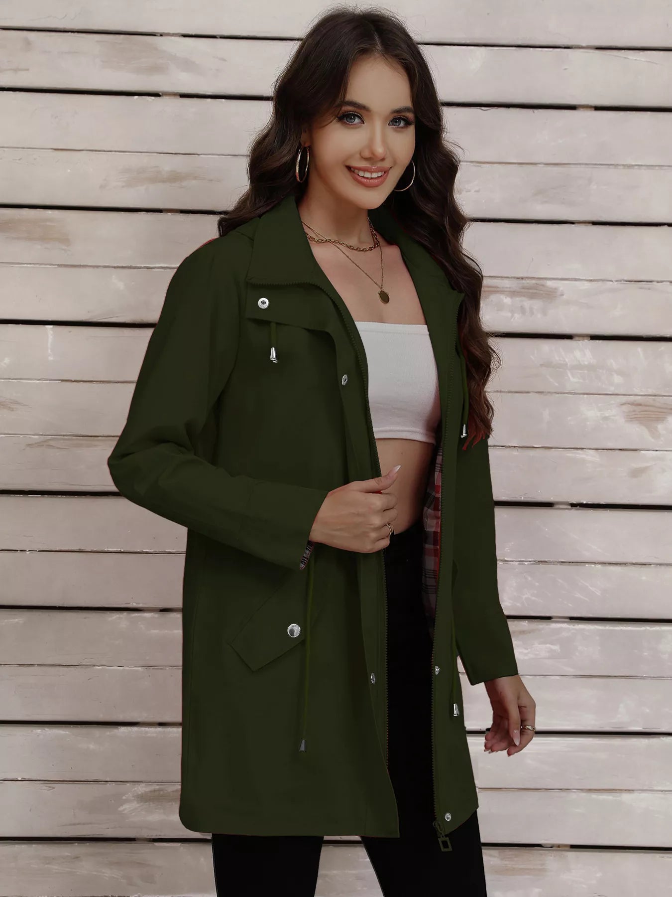 Drawstring Snap-Down Trench Coat Military Green / S