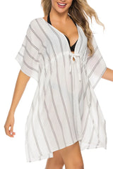 Drawstring Striped V-Neck Cover-Up