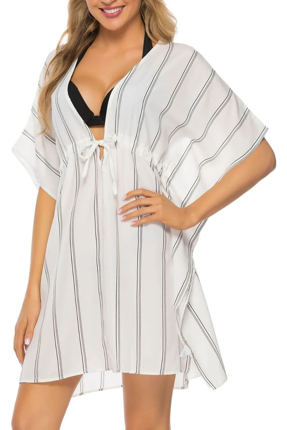 Drawstring Striped V-Neck Cover-Up White / S