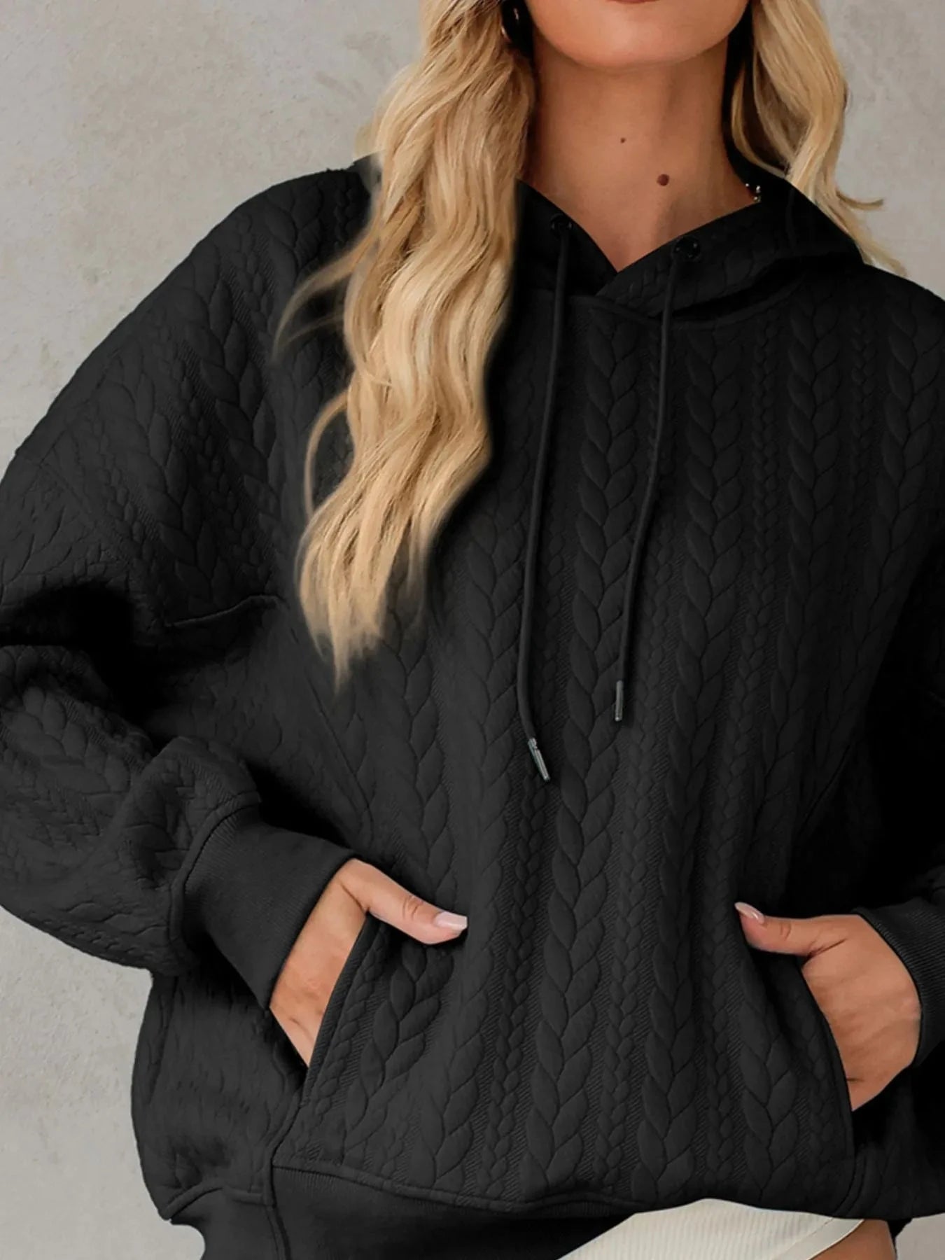 Drawstring Textured Baggy Solid Hoodie