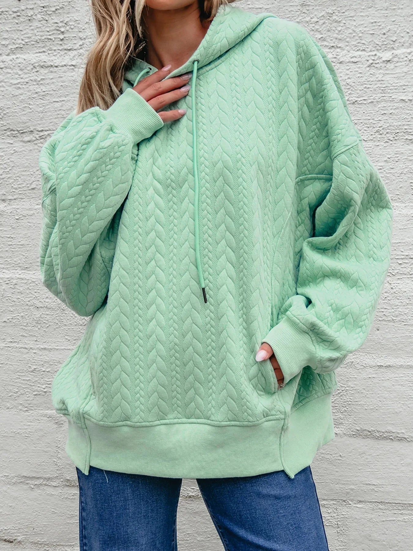 Drawstring Textured Baggy Solid Hoodie