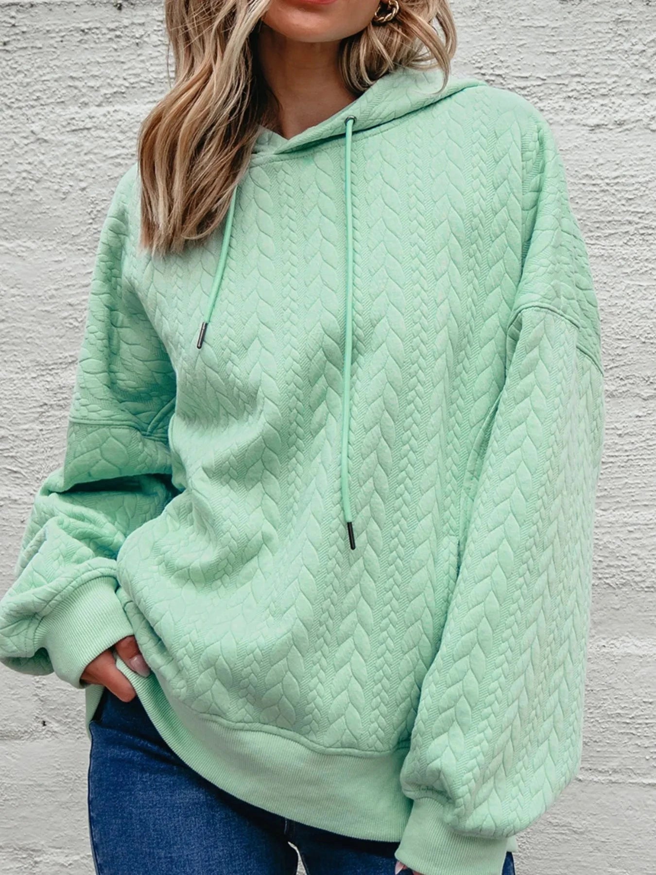 Drawstring Textured Baggy Solid Hoodie