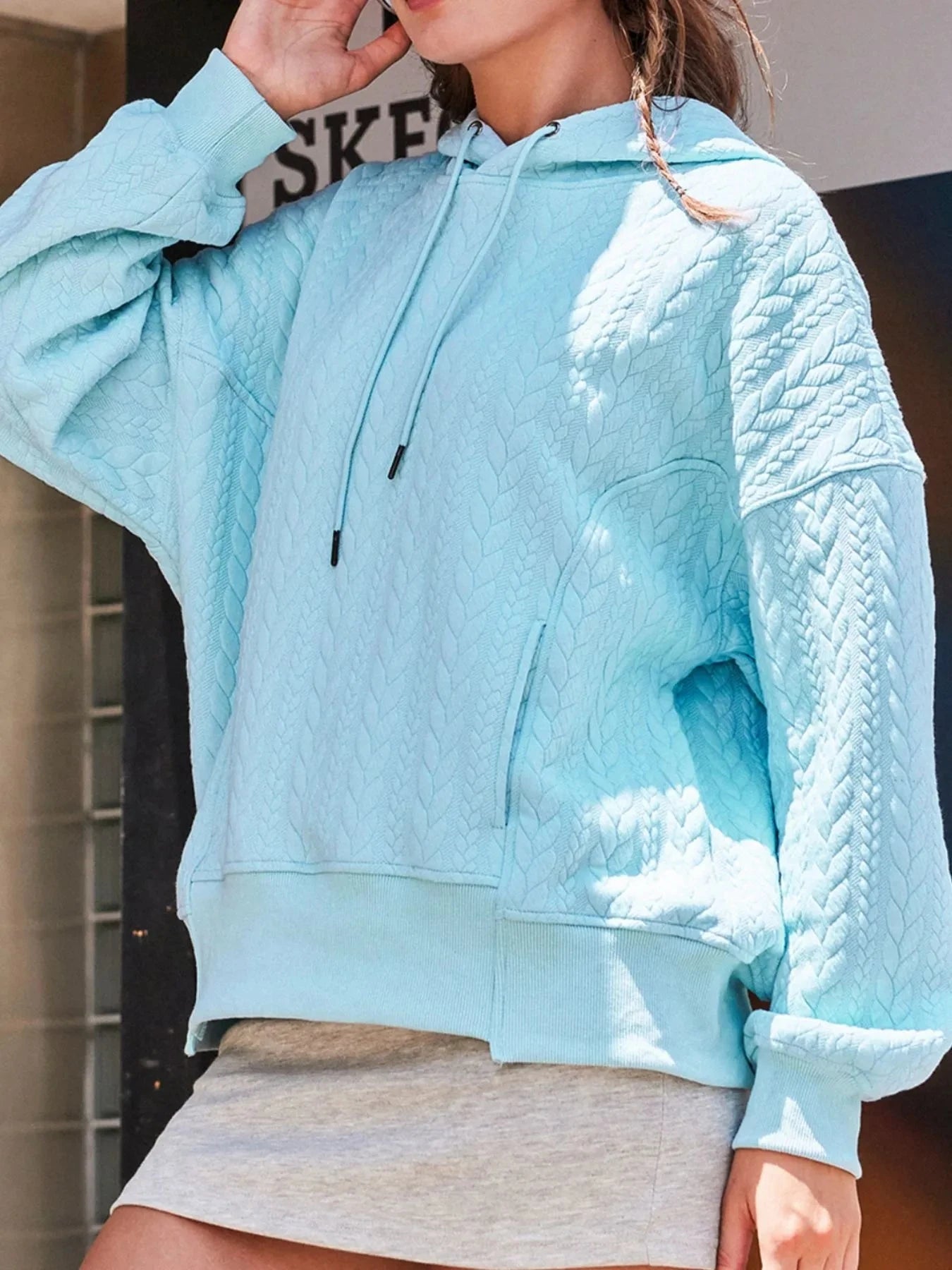 Drawstring Textured Baggy Solid Hoodie