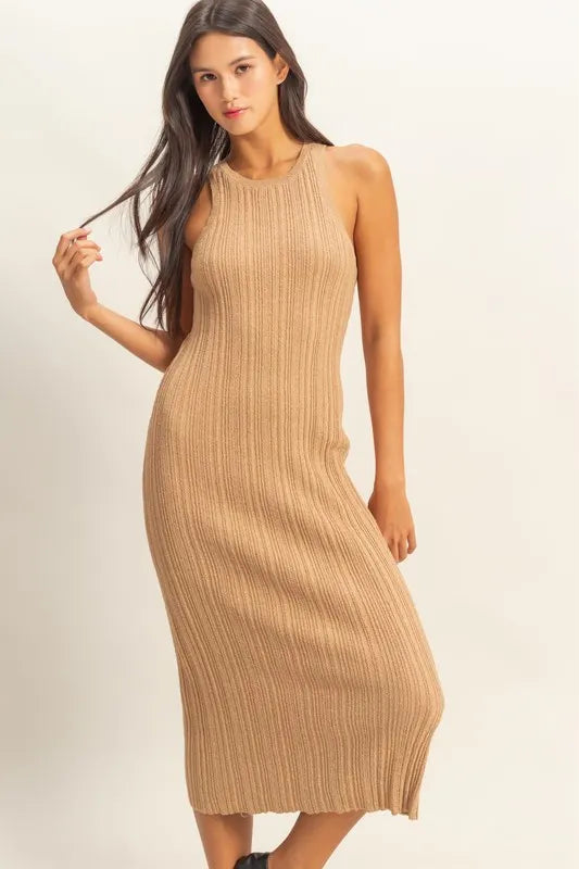 Taupe round neck bodycon ribbed knit dress worn on model, three quarter front view