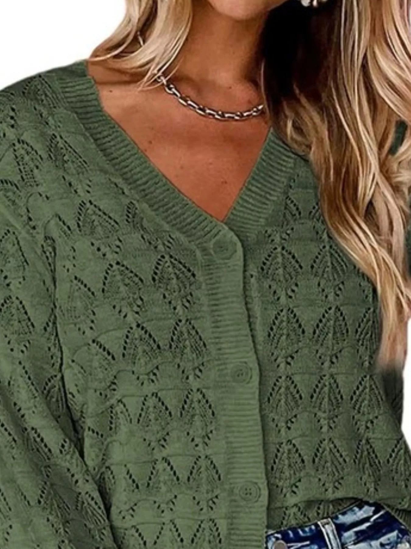 Close view of green openwork knit cardigan showing V neckline and button front.